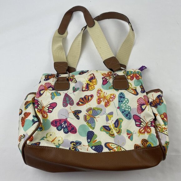 Lily Bloom Double Handle Shoulder Purse Bag 3 Zip Compartments Butterflies - Picture 2 of 11
